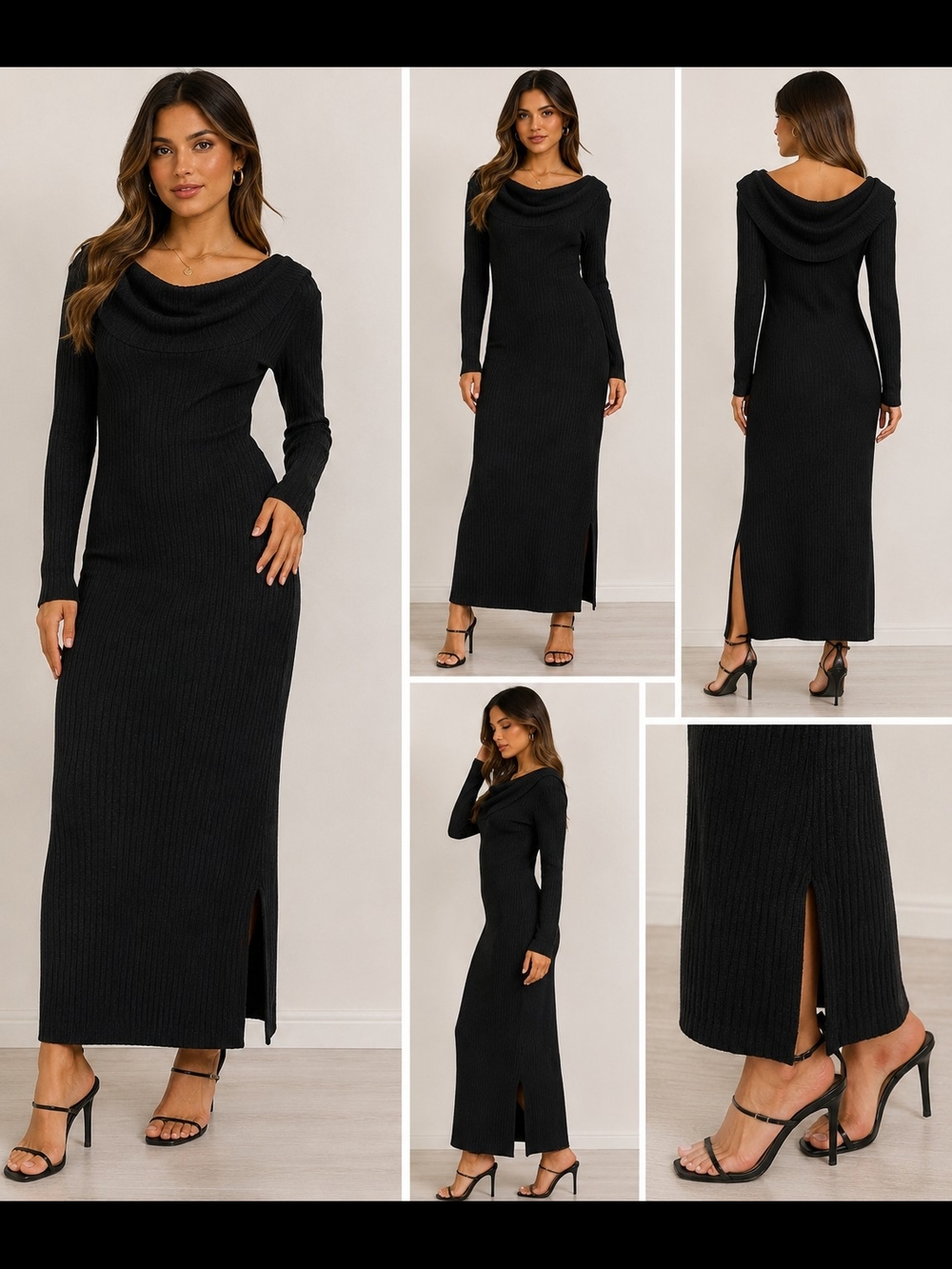 Fashion Nova Black Ribbed Maxi Sweater Dress Cowl Neck Long Sleeve Side